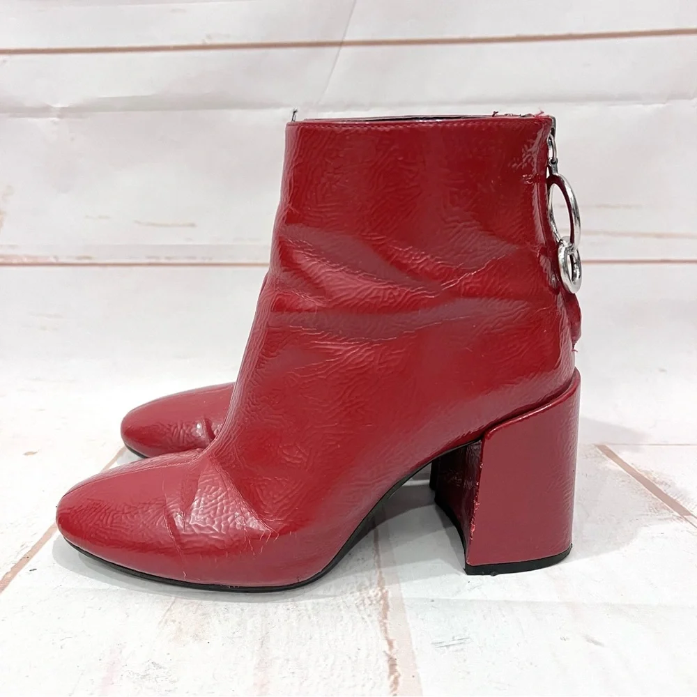 Zara Bloggers Favorite Retro Red Crinkled Patent Leather Block Heel Ankle Boots